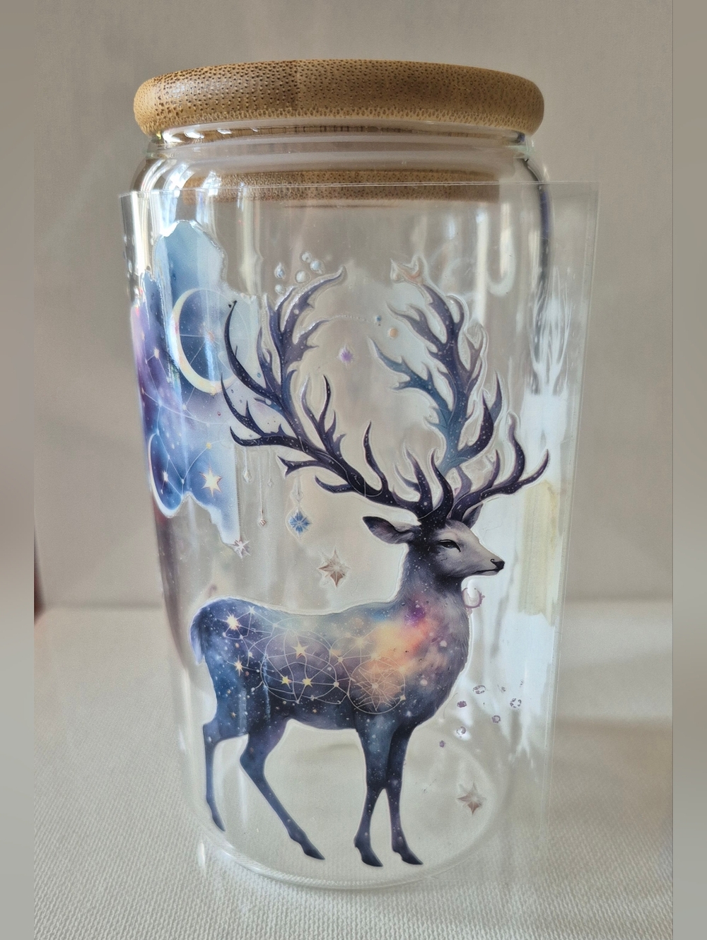 🌸3/$25 Galaxy Deer 16oz Glass Tumbler Lid Straw Celestial Design Made-to-order